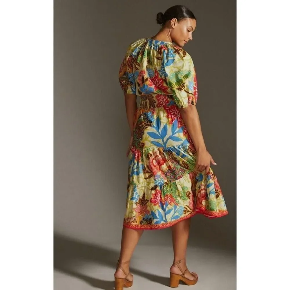 Anthropologie x Conditions Apply Puff-Sleeved Midi Dress Multicolour sz 6 US